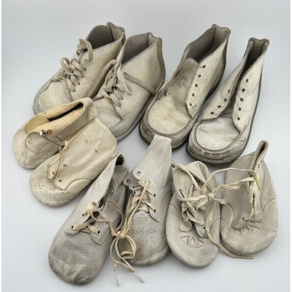 Vtg Baby Shoes Lot White Leather Infant First Walker Shoes 1920s–50s Tiny Titan+